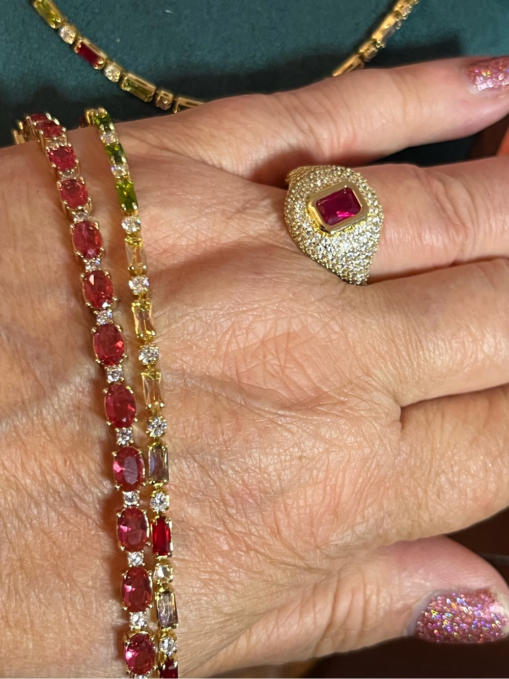 Multi-Gem Necklace, Bracelet, Red Gem Bracelet & Ring, Red Moissanite Earrings - Picture 4 of 9